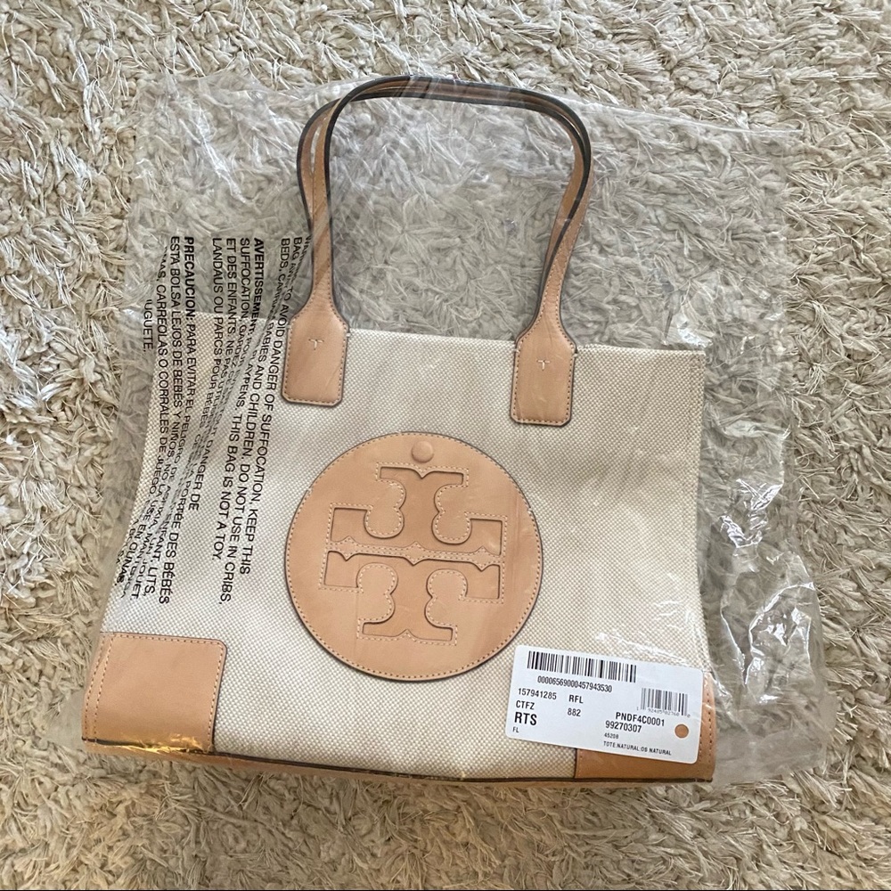 Tory Burch Ella Leather Canvas Tote Natural - Picture 14 of 16
